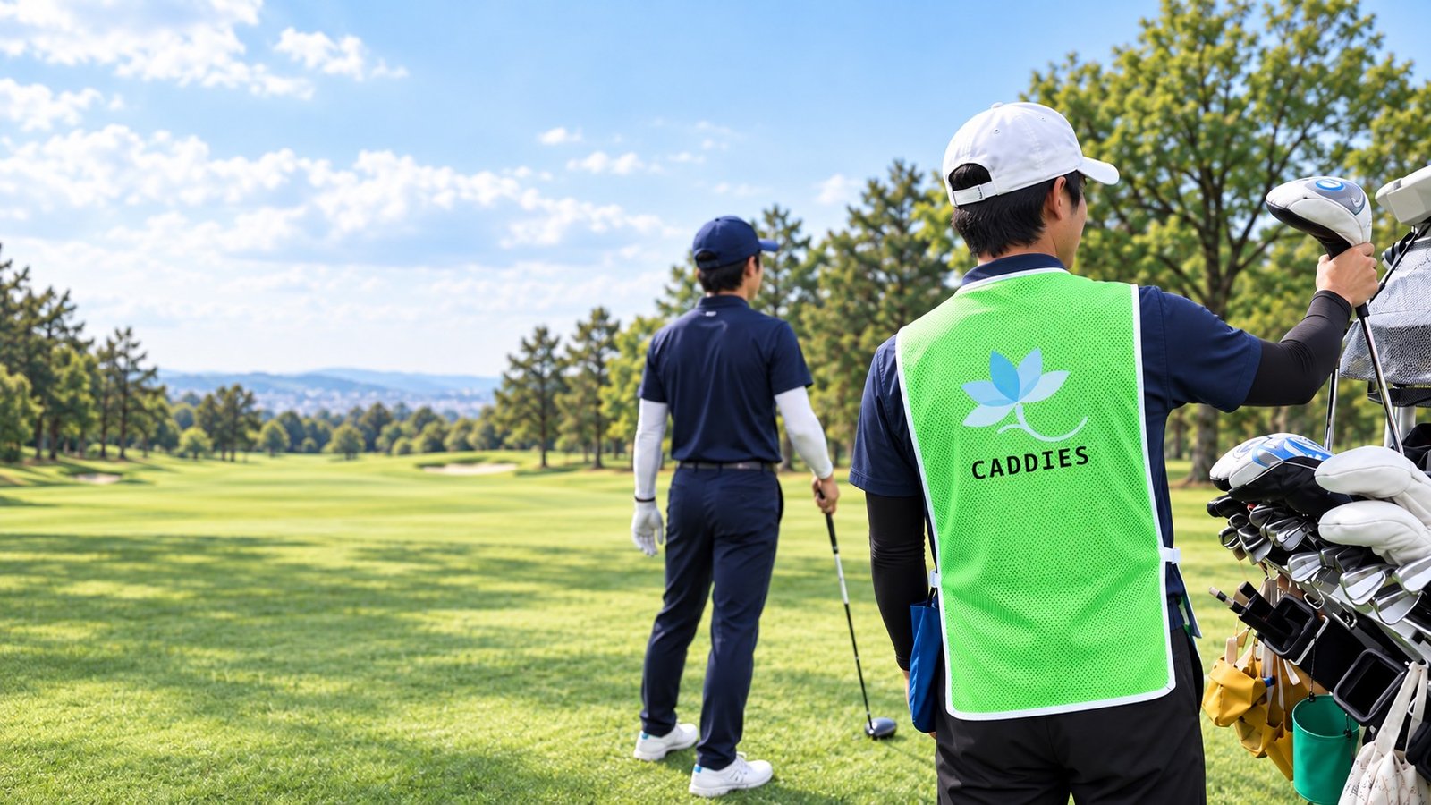 ゴルフ場でプレーヤーのそばに立つ CADDIES のキャディ