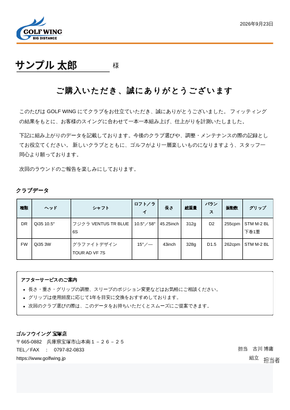 クラブ組立後にお渡しするお礼状。クラブデータつき