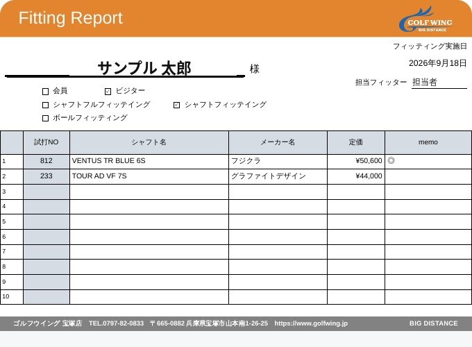 フィッティングレポートの印刷画面